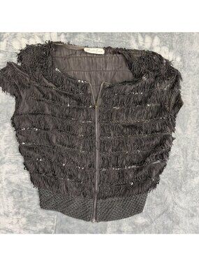 Marcella Luisa Black Fringed & Sequined Cropped Top With Zipper Closure